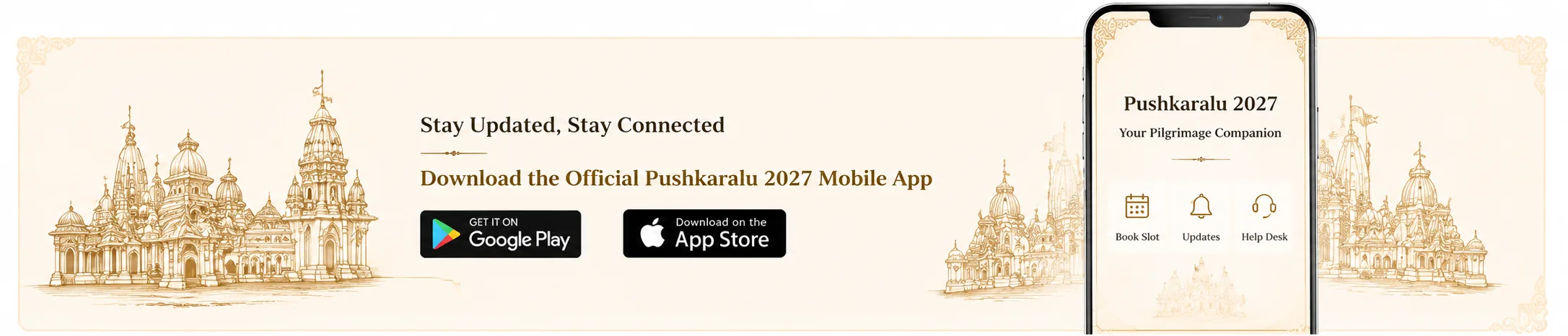 Download the official Pushkaralu 2027 mobile app — available on Google Play and the App Store